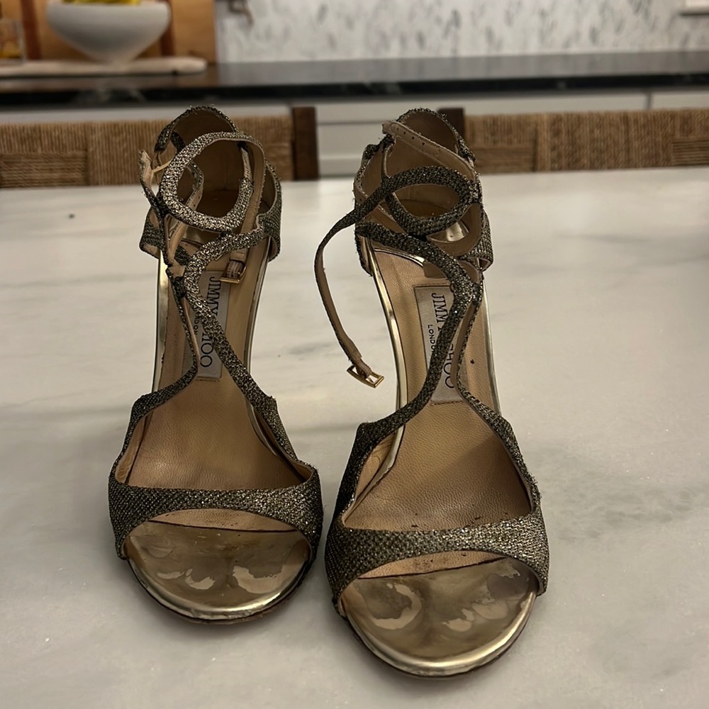 Jimmy Choo light bronze strappy, sparkly heels